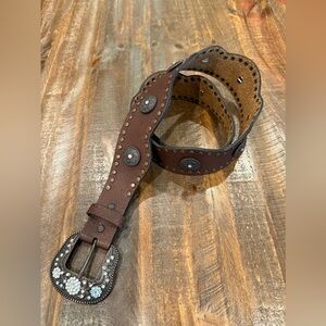 Brown‎ Genuine Leather Scalloped Edge Belt Studs Rhinestones Accessories. 42”
